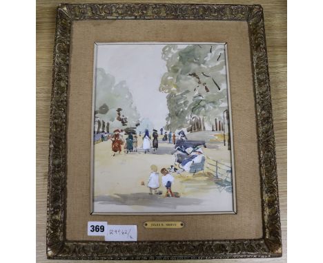 Attributed to Jules R Herve, watercolour, Figures in the park, 29 x 23cm
