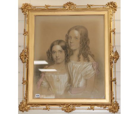 Victorian School, pastel portrait of two young sisters, ornate gilt frame, 63 x 53cm