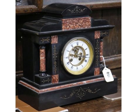 A French black slate and marble mantel clock, with visible Brocot escapement height 33.5cm