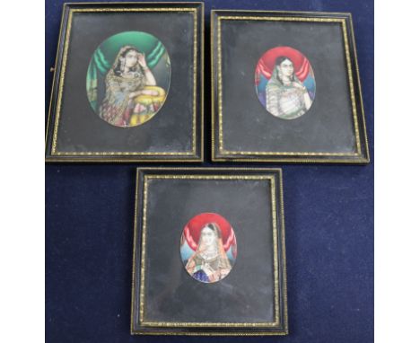 19th century Indian School, three oils on ivory, Portrait miniatures of Dellha Becum, Molli Maled Becum and Thurzi Ka Ranee, 