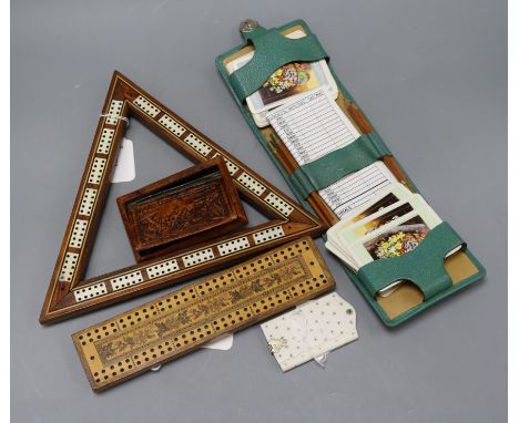 Miscellaneous items, including a 19th century triangular inlaid cribbage board, a Tunbridge Ware cribbage board and stamp box