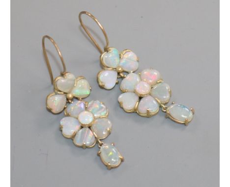 A pair of yellow metal and white opal cluster drop earrings, stamped 9ct, 29mm.