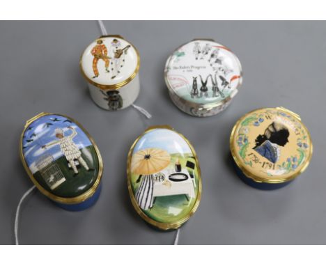 Five Halcyon Days Glyndebourne enamelled boxes, including three musical boxes, '70th Anniversary 2004' (top with design of 'P