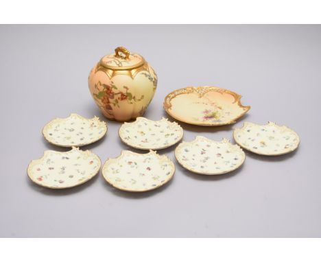 A Royal Worcester blush ivory melon jar and cover, dated 1896, of gently lobed form, printed and painted with flowers, shape 