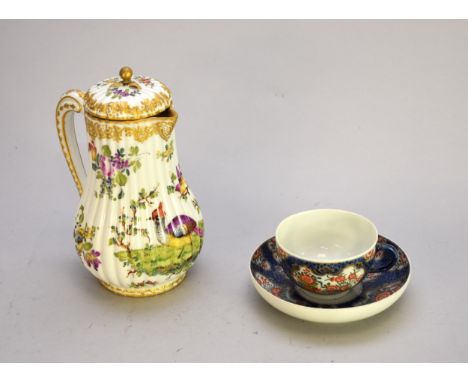 A Samson hot chocolate pot and cover, decorated in the Chelsea style with exotic birds, gold anchor mark, 19cm high; together