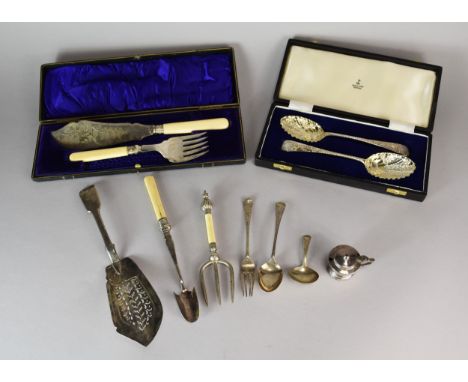 A small collection of silver and plated wares, comprising; a cased pair of serving spoons, Henry Atkin, Sheffield 1893, a Geo
