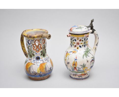 A French faience puzzle jug, dated 1817 and further inscribed 'Louis Ratton Marinier' above figures in sailing vessels, 21.5c