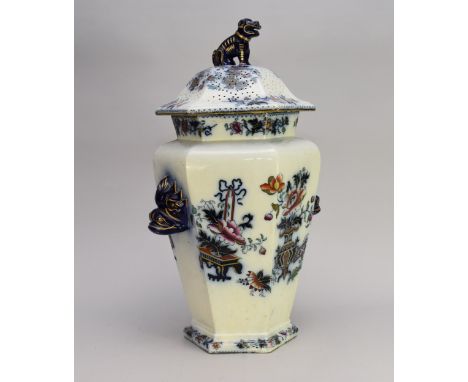 A large English ironstone potpourri jar and cover 19th century the cover with lion dog finial, of canted high-shouldered form