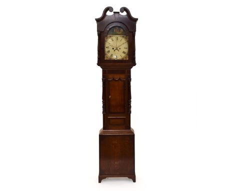 A Victorian oak and mahogany 8-day longcase clock, with a 12” dial painted with shell spandrels and a church in the arch, wit