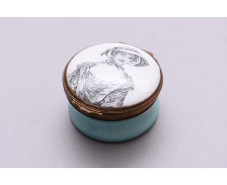 An English circular turquoise and white enamel patch box, circa 1770, transfer-printed in black with a portrait of a lady to 