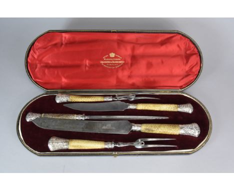 A Victorian cased silver mounted antler five piece carving set, Harrison Brothers &amp; Howson, Sheffield 1884/85, presented 