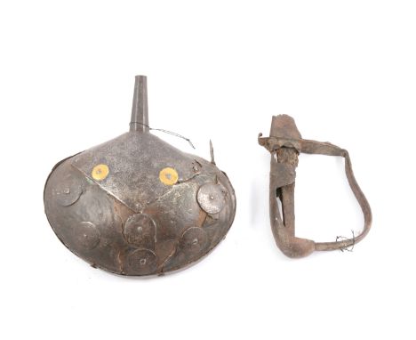 Indo-Persian powder flask, wooden body clad in leather with metal tapering nozzle and nailed medallions, 19cm high, and the r