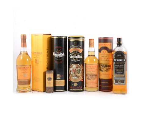 Four bottles of Single Malt Scotch Whisky including Glenmorangie 10 yo, '90s bottling, in tube, 75cl, 40% vol; another bottle