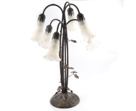 Reproduction Art Nouveau style table lamp, six lights with mottled glass shades, height 66cm.