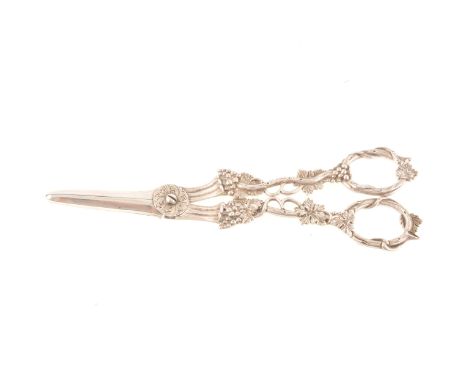 A pair of silver grape shears, John Wilkinson, Birmingham, indistinct date mark, grape and vine decoration to handles, 18cm, 