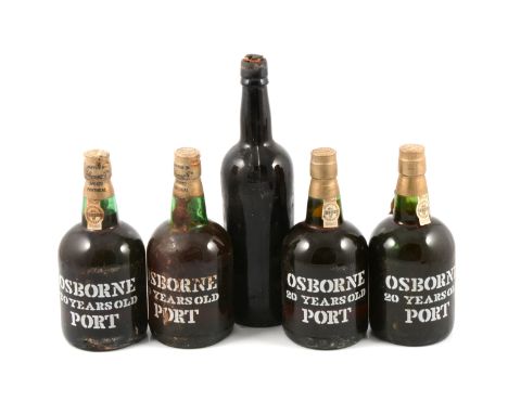 Osborne 20 year old Port, unknown vintage, (x 4 bottles), and another bottle of port, no labels, wax seal lost, some seepage.