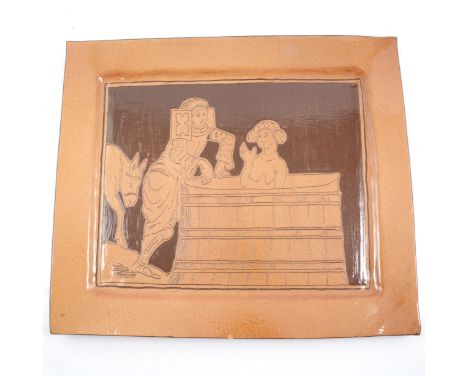 Large stoneware ceramic platter, Chaucer style figural design of a woman in a bath tub, with a Knight stood alongside, 39 x 4