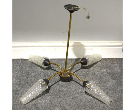 1960's light fitting, four moulded glass shades, 48cm drop.