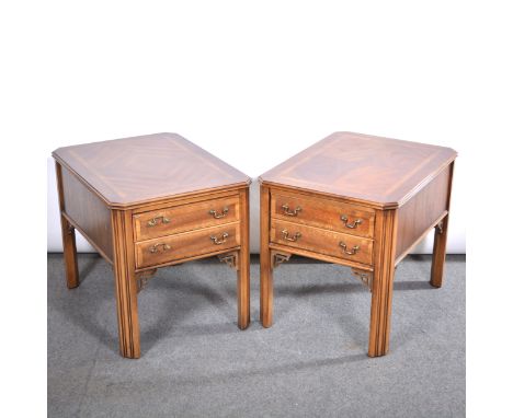 Pair of reproduction mahogany lamp tables, rectangular tops with canted corners, single drawer with dummy drawer fascia, moul