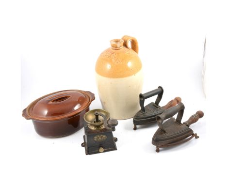 Set of cast iron balance scales, brass-mounted coffee grinder, flat irons, kitchen crockery, etc.