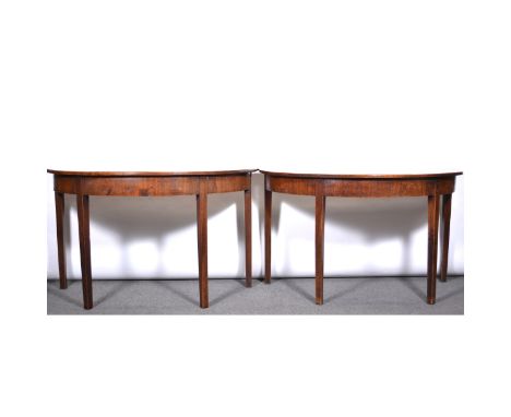 Pair of George III mahogany demilune console tables, plain frieze, square tapering legs, width 122cm, depth 60cm, height 71cm