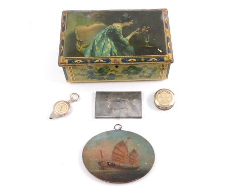 China Trade small oval painting of a sailing vessel, 10x13cm; a Pathfinder Map Measure, small plated card holder, etc, in a v