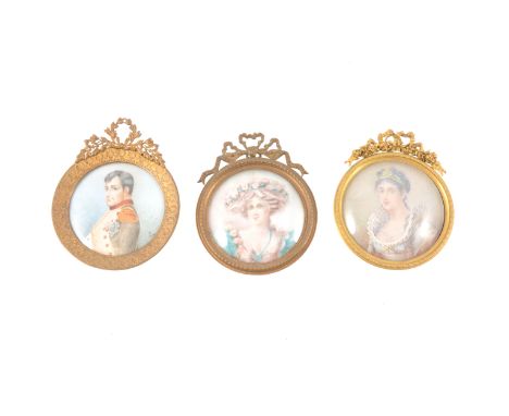 Three portrait miniatures, in gilt circular frames, one of a Military Officer, signed 'Luc', 6.5cm diam, and two portraits of