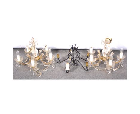 Pair of five-light glass and gilt metal chandeliers, with electric candle fitments, drop approximately 56cm, diam 46cm.