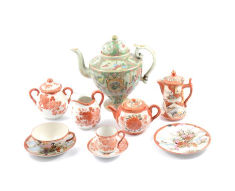 A famille rose teapot, 23.5cm ( with old repairs0 and Kutani teaware.