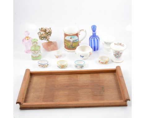 Box of decorative ceramic vases and bottles, including Limoges and Wedgwood, and a wooden tray.