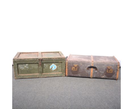 Painted pine truck, 73cm, depth 43cm, height 30cm; and a vintage suitcase, wooden banded.