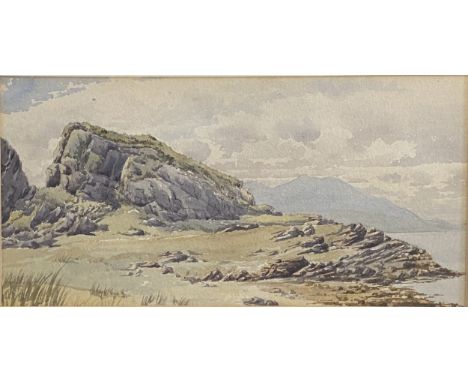 Coastal landscape, unsigned, watercolour, 15.5cm x 28cm; M Holmes, blue landscape, signed, acrylics, 22cm x 28cm; and two oth