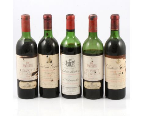 Five bottles of French vintage wine, all with low levels and seepage, including: Les Forts de Latour, Pauillac, 1966 (x 2), C