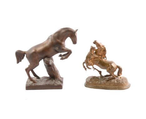 After P M Mene, Rearing Horse with hunting dog, gilt metal animalia, 16.5cm; and a patinated metal model of a horse jumping a