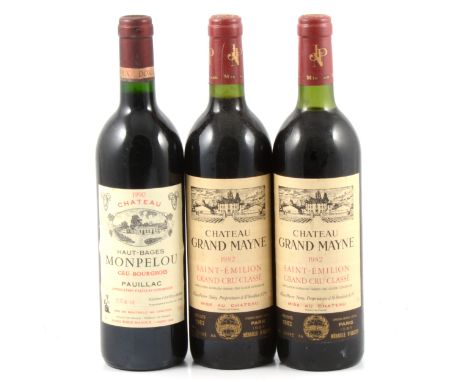 Three bottles of French vintage red wine: Ch Grand Mayne, Saint-Emilion, Grand Cru, 1982 (x 2 bottles); and Ch Haut-Bages Mon