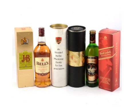 FIve assorted bottles of whisky including: Glenfiddich, 8 year old, 70 proof, 26 2/3fl oz, 1970s bottling, in tube, Mackinlay