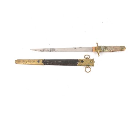 Japanese Naval Officer's Dirk (Tanto), brass mounted hilt, fish grip with brass floral motif, floral brass mounted black leat