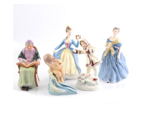 Five Royal Doulton and Royal Worcester figurines, 'Adrienne', 'Leading Lady HN2269', 'The Family Album HN2321', and Worcester