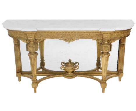 A Victorian gilt wood and white marble topped console table, with a egg and dart and floral carved frieze, above a mirrored b