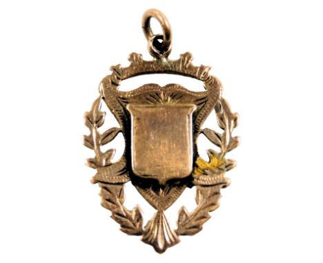 A 9ct gold shield medallion, reserve engraved Hammersmith Canine Society, 17-4-76, 9.7g.