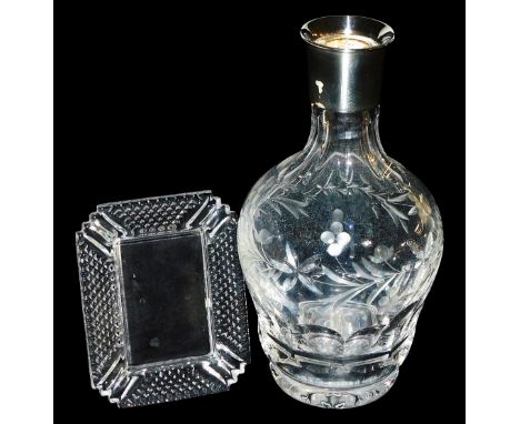A cut glass decanter, with silver collar, stopper lacking, Sheffield 1988, together with a Waterford cut glass strut photogra