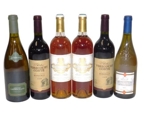Two bottles of Chateau Coutet Sauternes-Barsac 2003, Premier Cru Gran Classe, bottle of Chateau Grenouilles las Chablisienne 