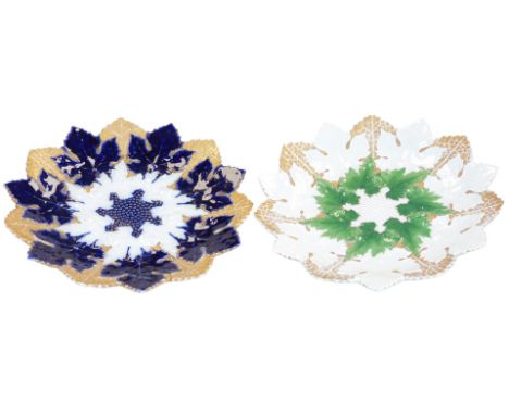 Two late 19thC Meissen porcelain plates, moulded with vine leaves, and a berry centre, one in cobalt blue and gilt, the other