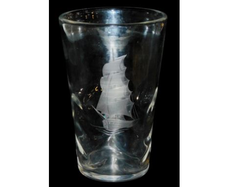An Orrefors Optic glass vase, designed by Vicke Lindstrand, engraved with a sailing schooner, on wavy seas, etched mark, 19cm