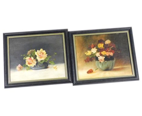 W. Partridge (British 20thC). After R. A. Foster, bowl of primulas, bowl of roses, oils on canvas, attributed verso, 22cm x 2