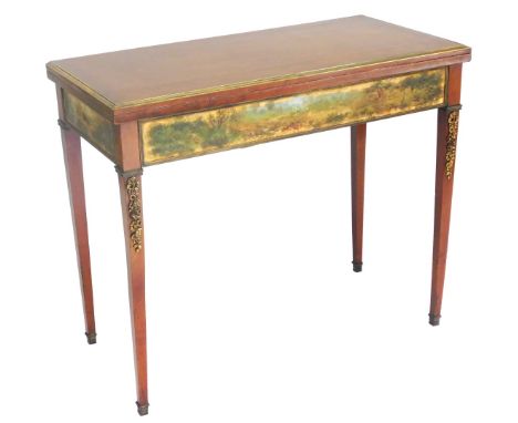 A late 19thC French Empire style mahogany and kingwood fold over card table, with baize interior, and painted front and side 