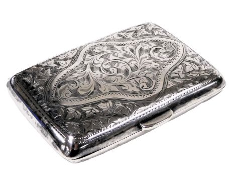An Edward VII silver cigarette case, with engraved floral and foliate decoration, vacant shield reserve, Birmingham 1908, 1.8