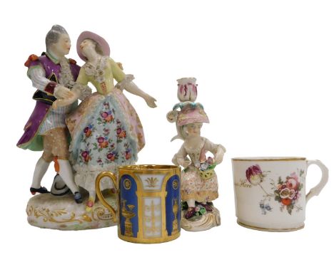 A late 19thC German porcelain figure group, of a gallant and lady raised on an oval base, 22cm high, a Meissen porcelain figu