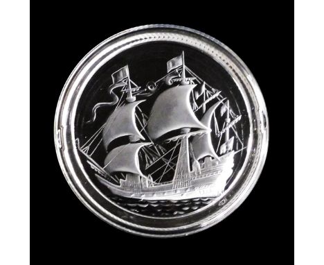 A Lalique cut glass ashtray, intaglio decorated with a sailing ship, etched mark, 17cm wide.