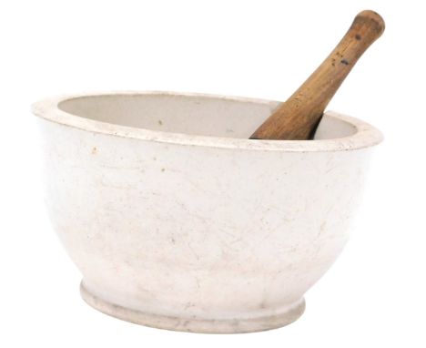 A vintage marble pestle and mortar, the pestle with a turned wooden handle, mortar 26.5cm wide. 
